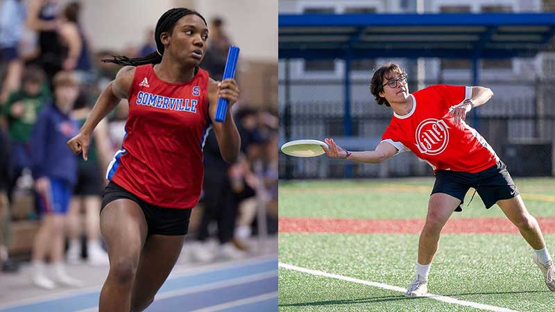 Photo of sprinter racing with the baton, photo of player catching frisbee