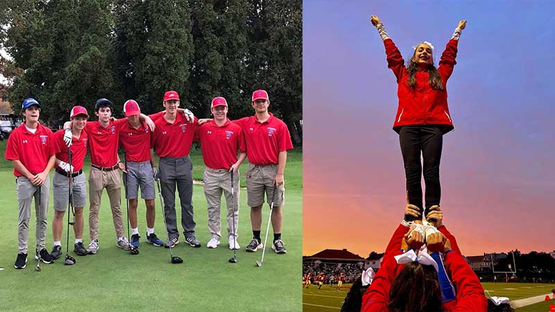 Photo of golf team and the green and photo of cheerleader being held up next to football field