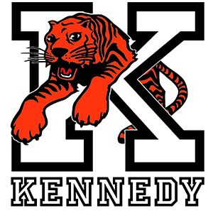 Kennedy School logo of a red tiger jumping through the letter K