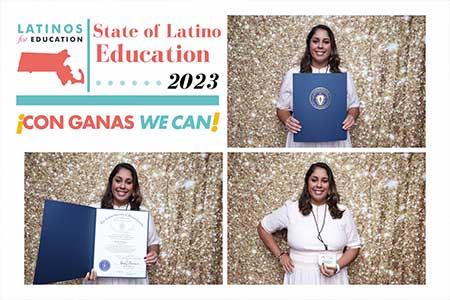 Ms. Martinez in 3 photos holding her award. Latinos for Education | Sate of Latino Education 2023. Con Ganas | We can!