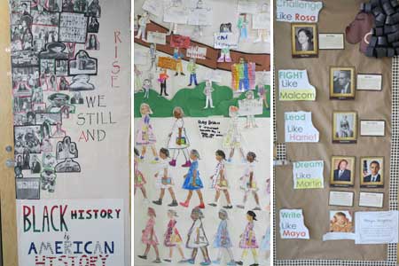 Photo of three black history month door projects. Each project has images and words about important Americans.