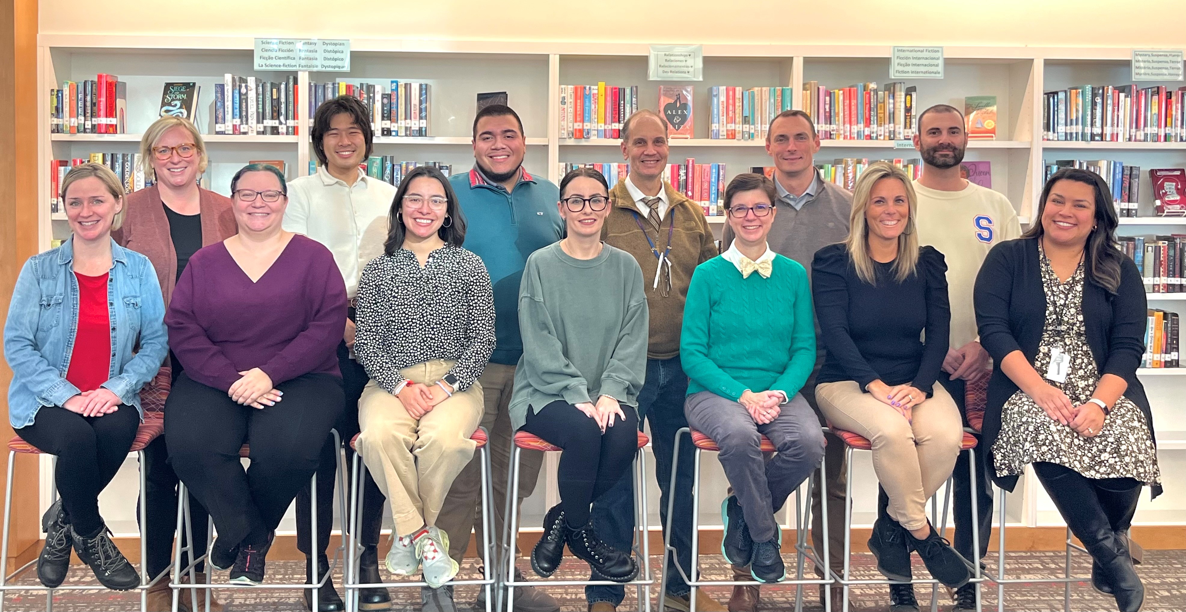 English Department Teachers  Top left to right:  Meagan Spinelli (Dept. Chair), Andrew Wang (11th grade), Christian Melgar (10th grade), Ken Olson (9th and 12th grade), Bert Stoker (11th grade), Matt Meservey (10th and 12th grade)   Bottom left to right: 